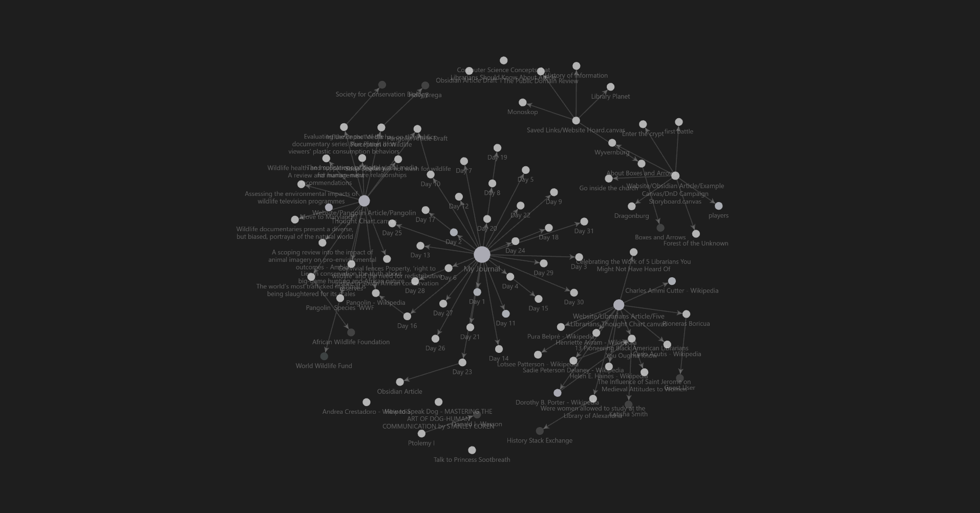 A graph made of white dots that represent nodes and fainter grey lines connecting the dots that represent the links between notes. They form an intricate web of date correlations.