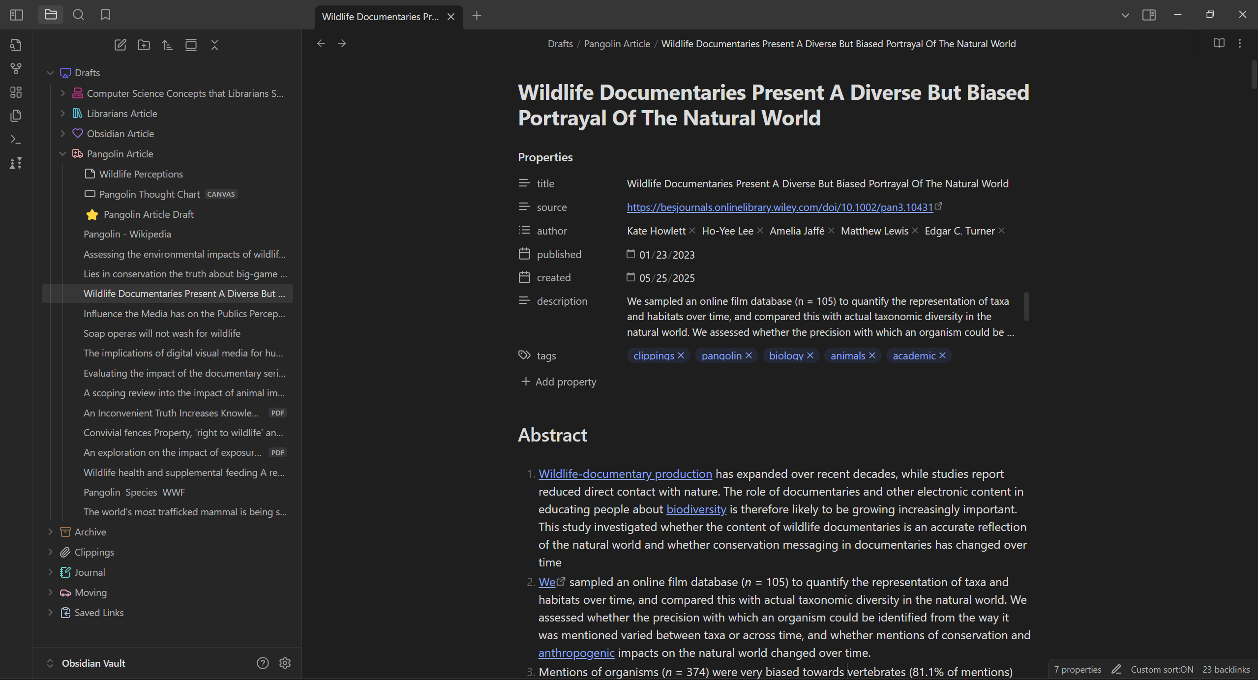 A typical Obsidian note interface in dark mode. The majority of the screen is taken up by a note displayed on the right. The note contains the text of a scholarly article as well as several properties describing the article listed at the top. A thinner section to the left contains a file navigator organized with colorful folder icons. This note is one of many within a folder devoted to the subject of focus.