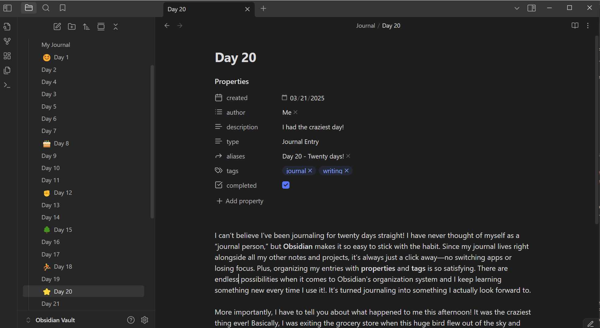 A note open on the right of the screen called Day 20. The note is contained in a folder labeled My Journal that is organized by days. Several days have emoji symbols to decorate them, such as a birthday cake and a tree.