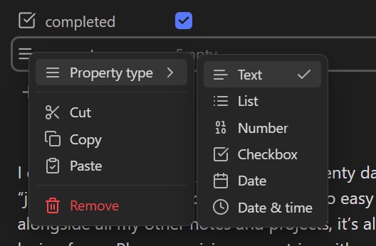 The dialogue menu that allows you to change the type of a property. The property types are text, list, number, checkbox, date, and date and time.