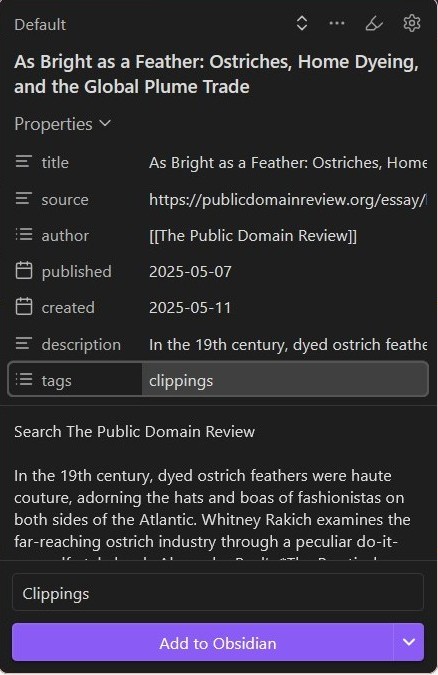 A menu allowing you to edit the properties of a web page before clipping it to your Obsidian vault.